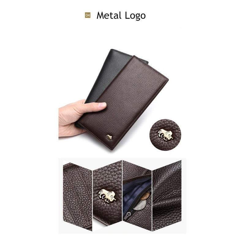 Chequera De Cuero Genuino Delgada Lujo Bison Denim