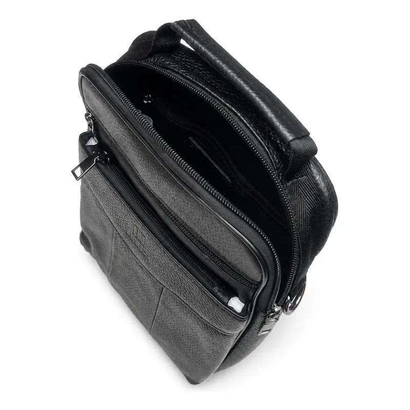 Bolso Bandolera Cuero Genuino Premium Luxher Modelo Atlas Negro Lisa