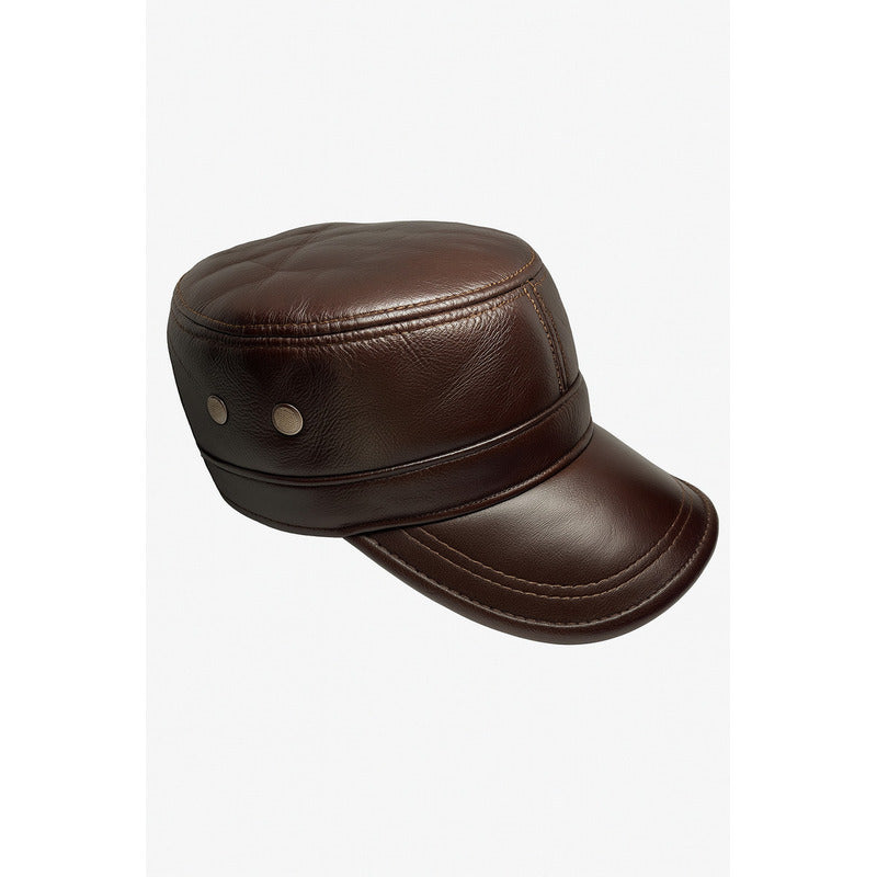 Gorra Jockey Cuero Genuino Lujo Luxher Militar Mod. Zúrich Color Marrón Talla 55-60 Cm Ajustable
