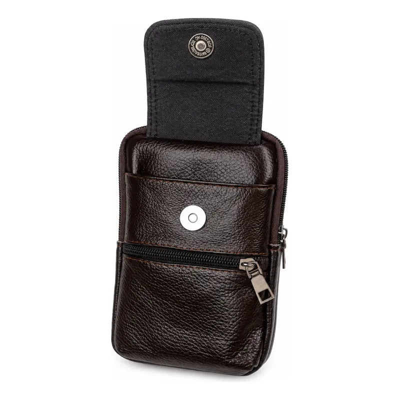 Bolso Riñonera Luxher Hombre Cuero Genuino Premium Mod Sirio Marrón Oscuro Lisa