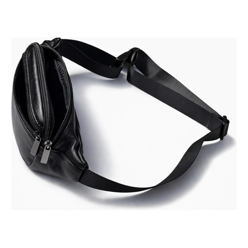 Banano Riñonera De Cuero Genuino Luxher Unisex Mod. Caoba Color Negro Diseño De La Tela Liso
