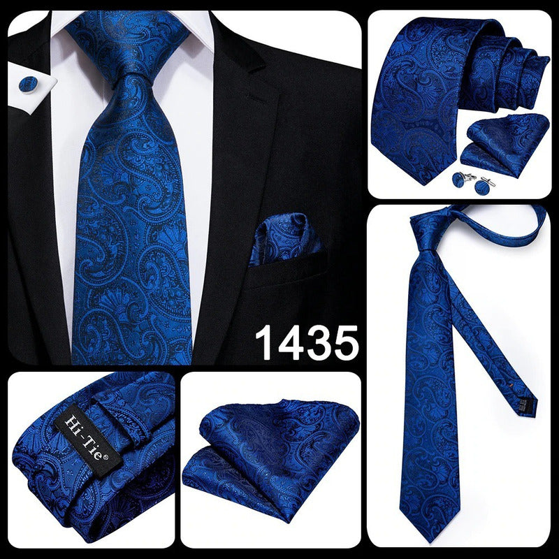 Set Corbata, Pañuelo Y Colleras Seda Lujo Hi-tie Mod. Flores