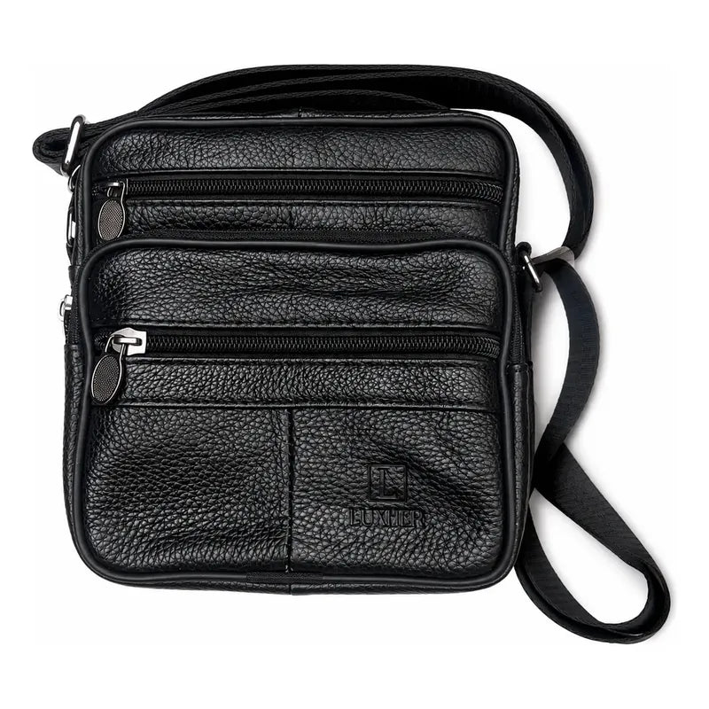 Bolso Bandolera Cuero Genuino Premium Luxher Modelo Vector Negro Lisa