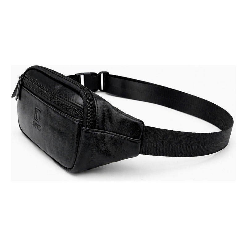Banano Riñonera De Cuero Genuino Luxher Unisex Mod. Caoba Color Negro Diseño De La Tela Liso
