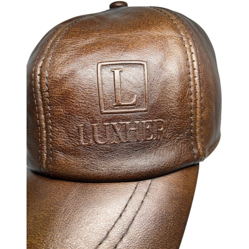 Gorro Jockey Cuero Genuino Estampado Lujo Luxher Mod. Madrid Color Marrón Talla 55-60 Cm Ajustable