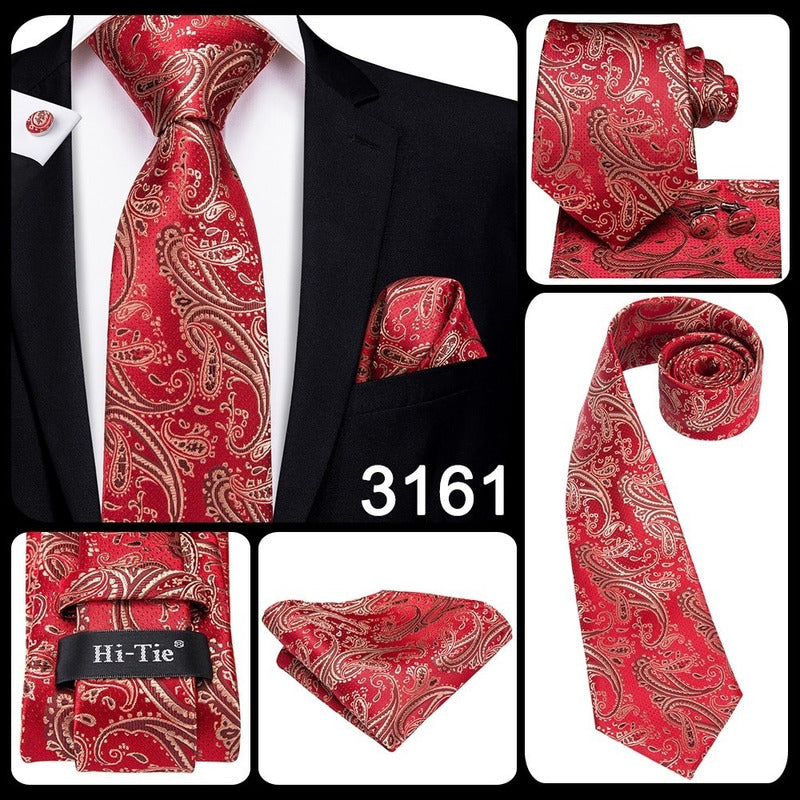 Set Corbata, Pañuelo Y Colleras Seda Lujo Hi-tie Mod. Flores