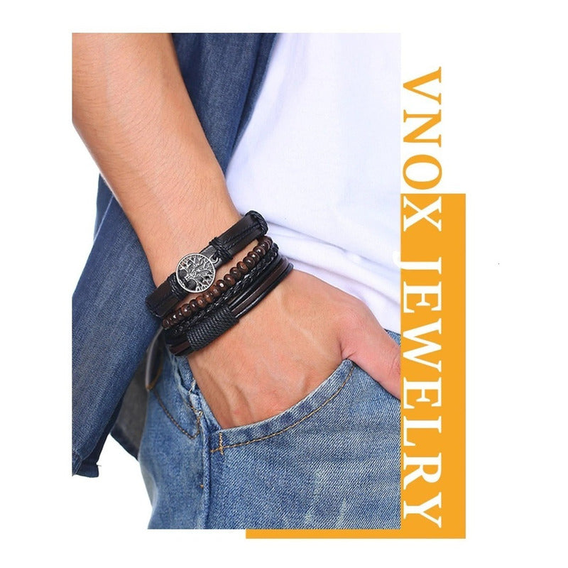 Pulsera De Cuero Ajustable Unisex Arbol De La Vida