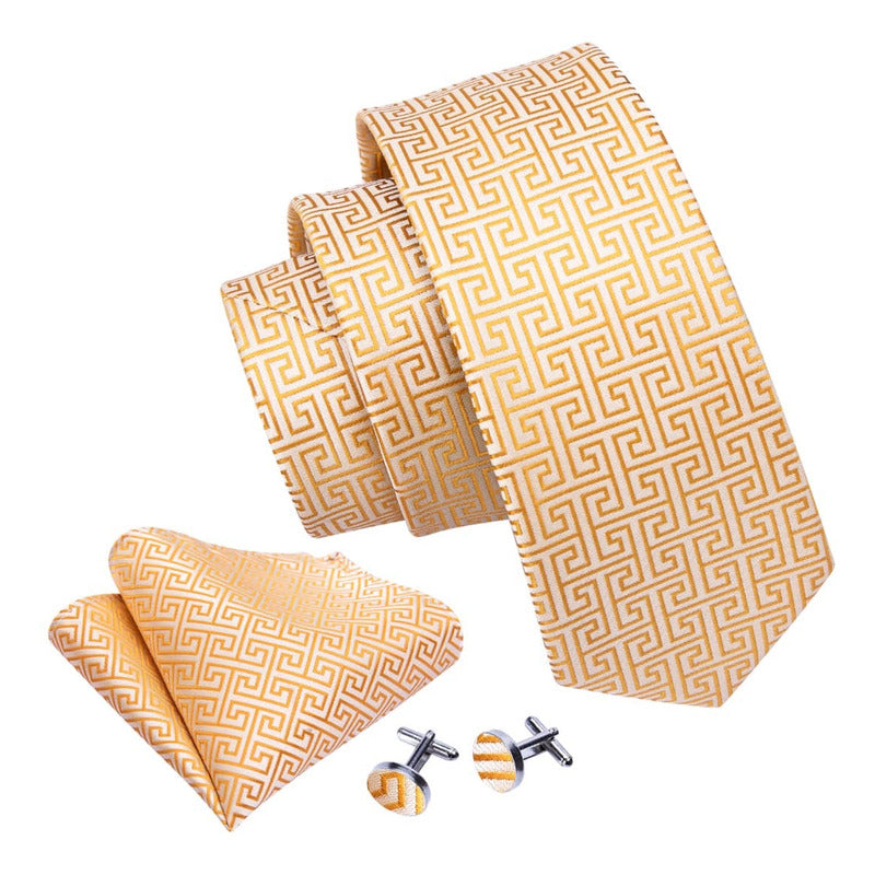 Set Corbata, Pañuelo Y Colleras Seda Lujo Hi-tie Mod Cubico