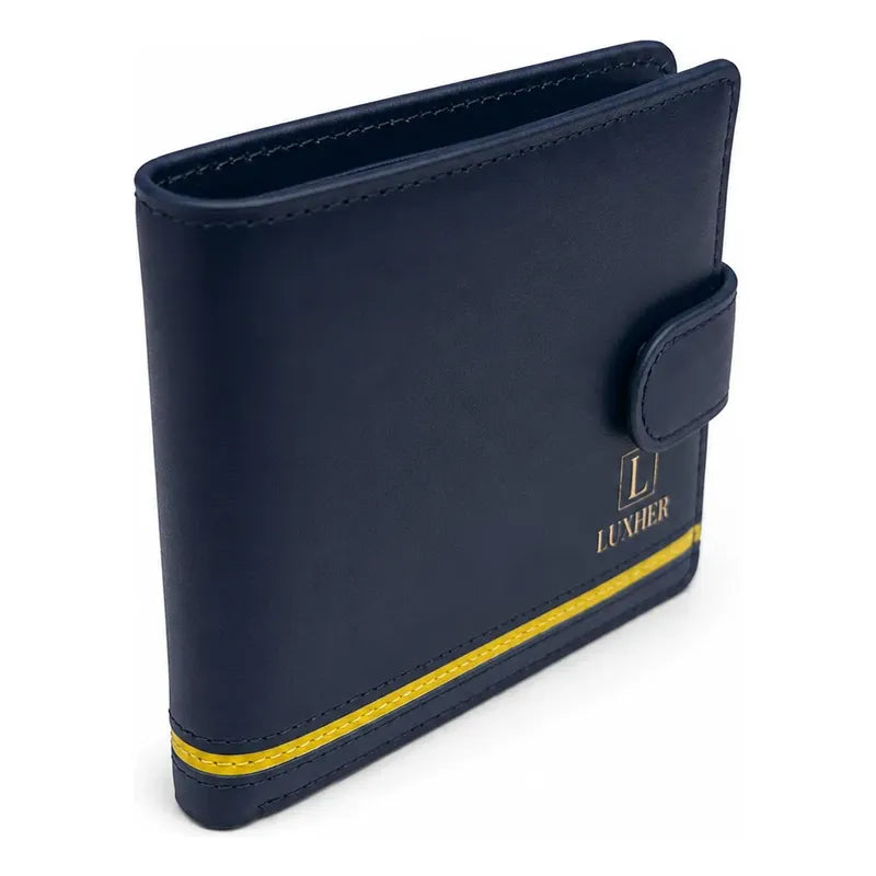 Billetera Hombre Cuero Genuino Protección Rfid Luxher Aureo Azul Liso