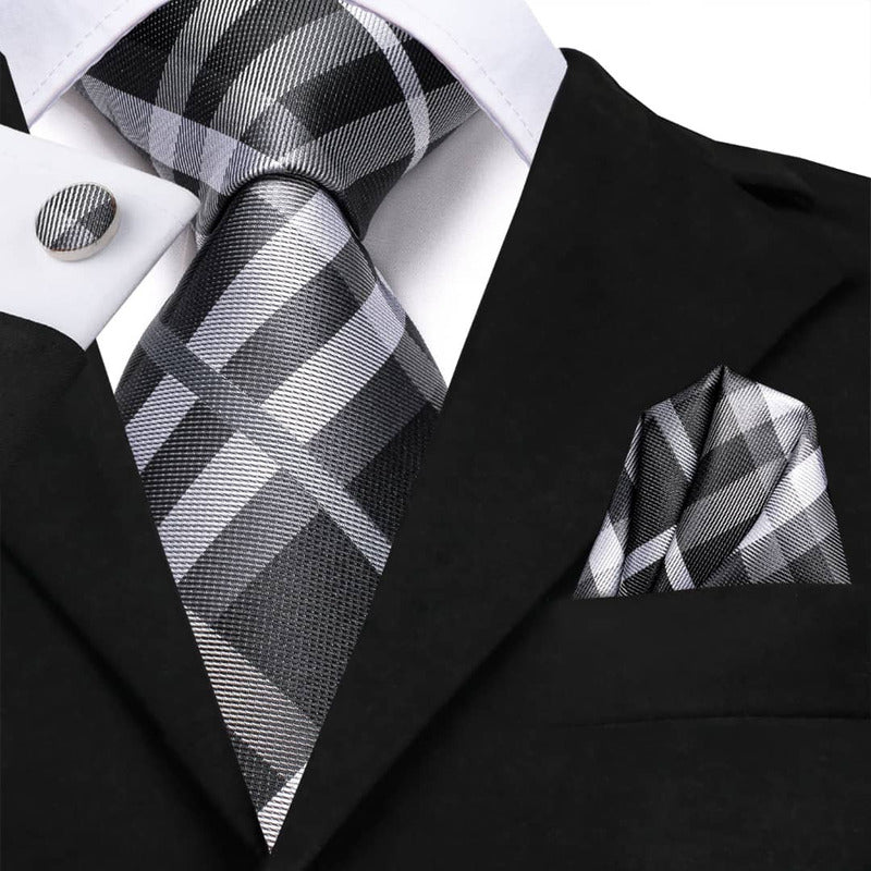 Set Corbata, Pañuelo Y Colleras Seda Lujo Hi-tie Mod Cuadros