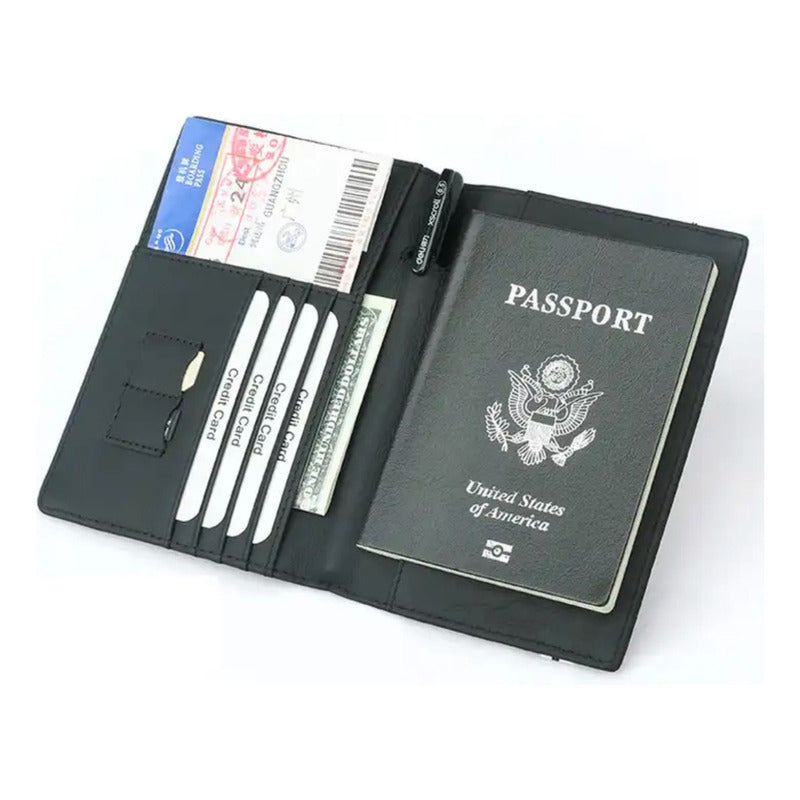 Porta Pasaporte Elegante Billetera Cuero Genuino Bison Denim Color Negro