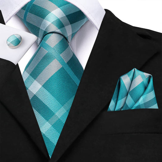 Set Corbata, Pañuelo Y Colleras Seda Lujo Hi-tie Mod Cuadros