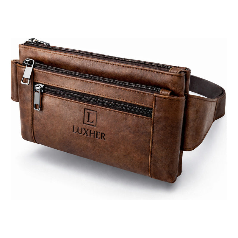 Banano Riñonera De Cuero Genuino Premium Luxher Mod Nogal Color Marrón Diseño De La Tela Liso