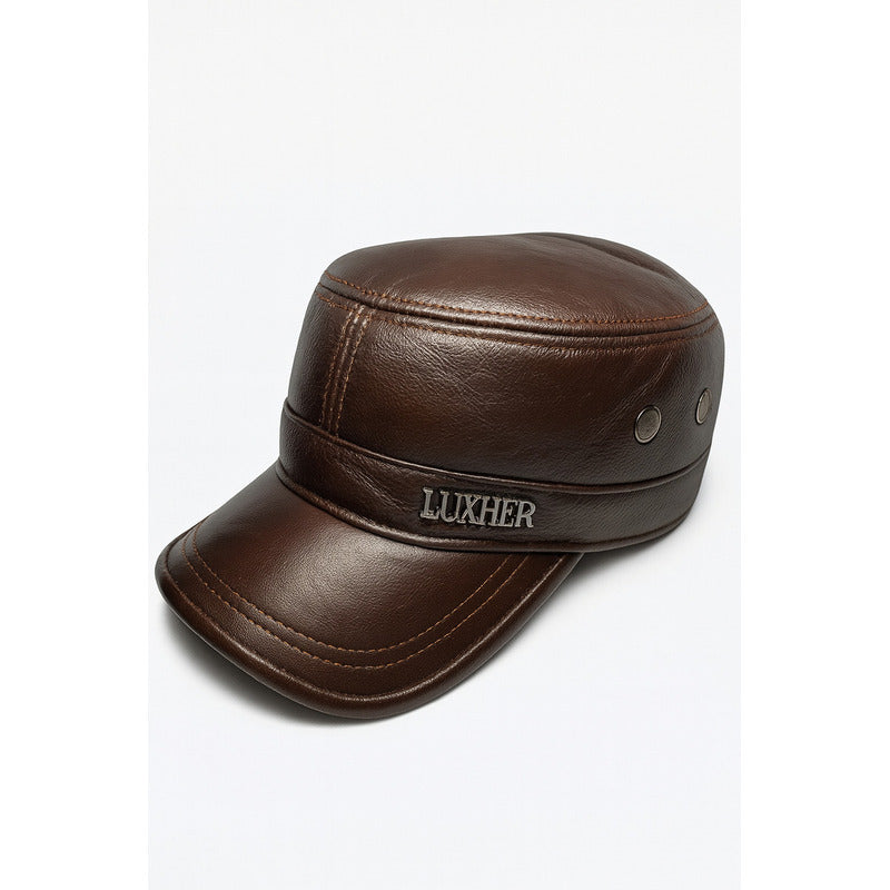 Gorra Jockey Cuero Genuino Lujo Luxher Militar Mod. Zúrich Color Marrón Talla 55-60 Cm Ajustable