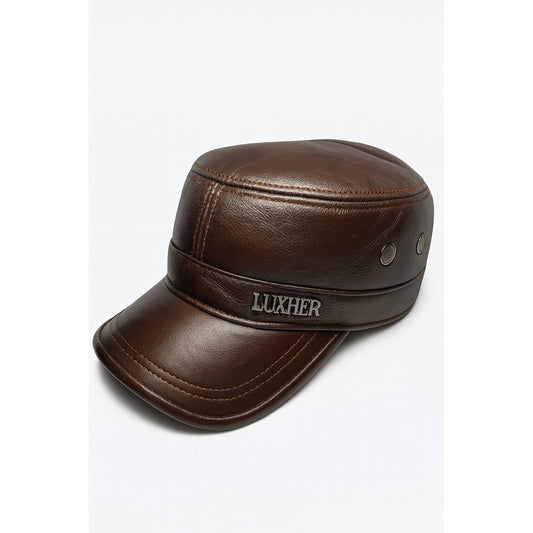 Gorra Jockey Cuero Genuino Lujo Luxher Militar Mod. Zúrich Color Marrón Talla 55-60 Cm Ajustable