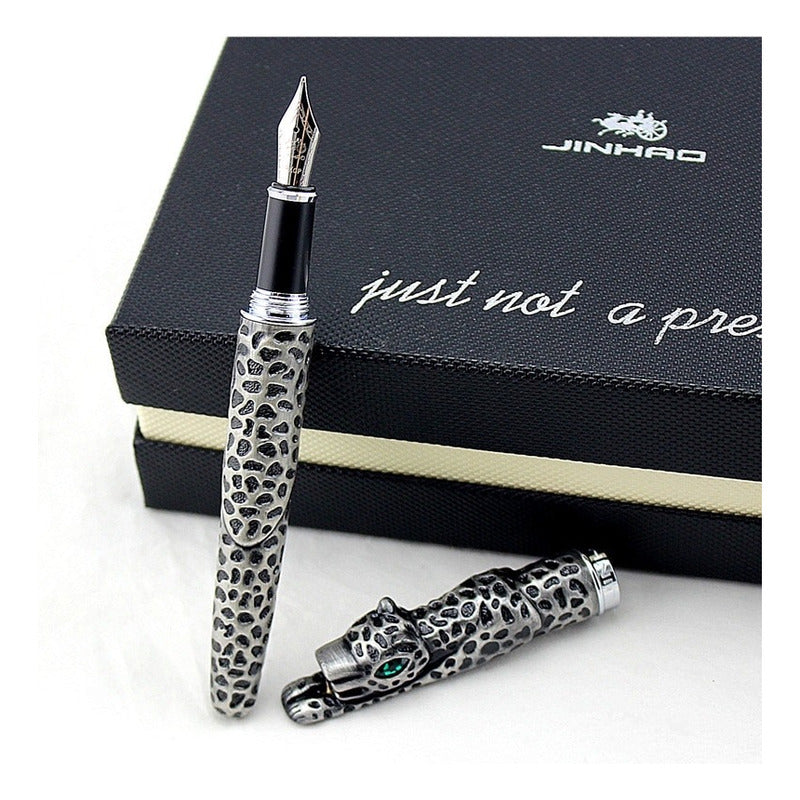 Pluma Estilográfica Jinhao Lujo Diseño De Animal Mod Leopard Tinta Sin Tinta Exterior Plateado Envejecido