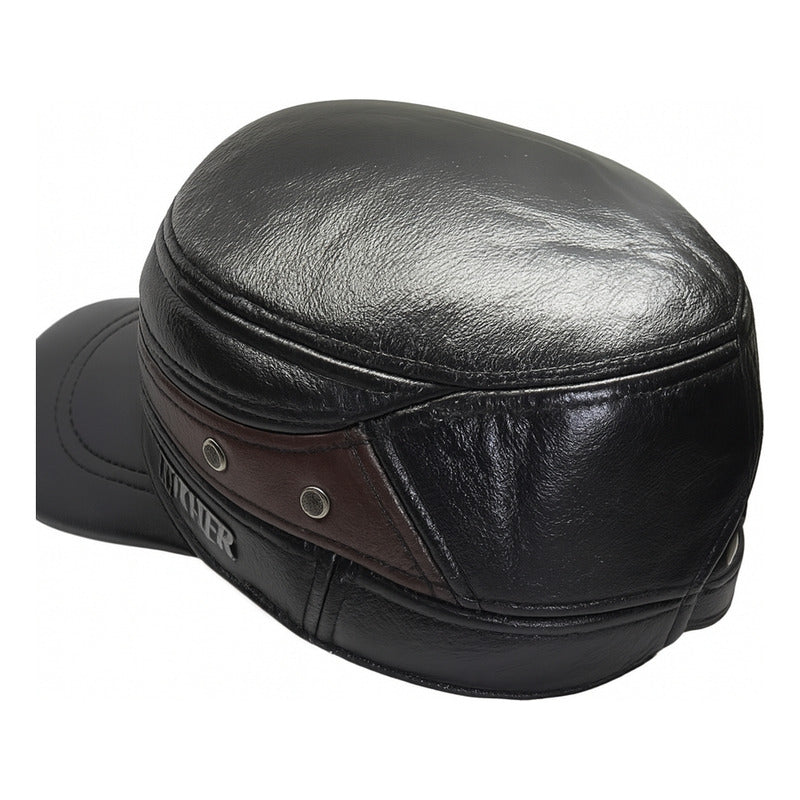 Gorro Jockey De Cuero Genuino Lujo Luxher Mod. Moscú Color Negro Talla 55-60 Cm Ajustable