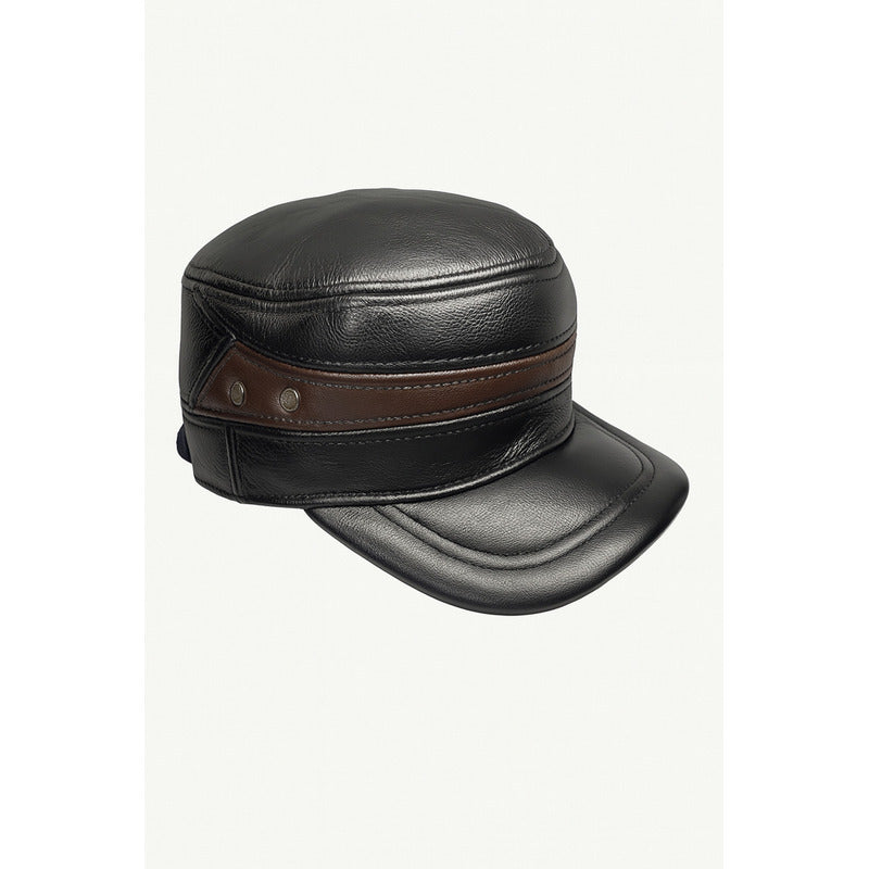 Gorro Jockey De Cuero Genuino Lujo Luxher Mod. Moscú Color Negro Talla 55-60 Cm Ajustable