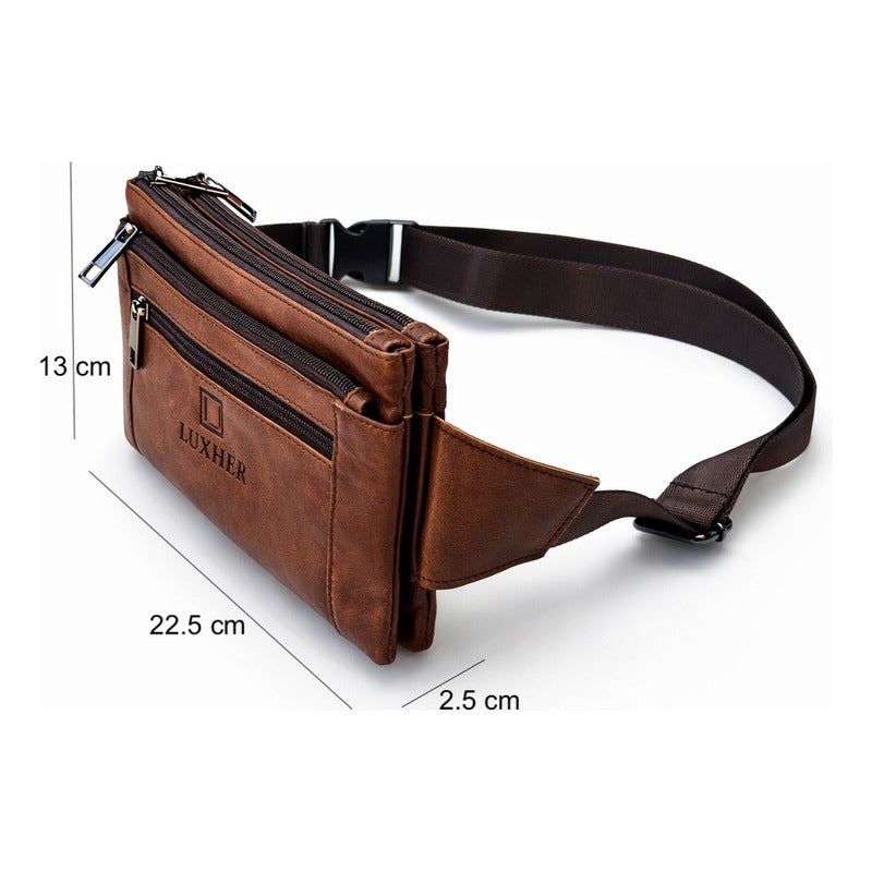 Banano Riñonera De Cuero Genuino Premium Luxher Mod Nogal Color Marrón Diseño De La Tela Liso