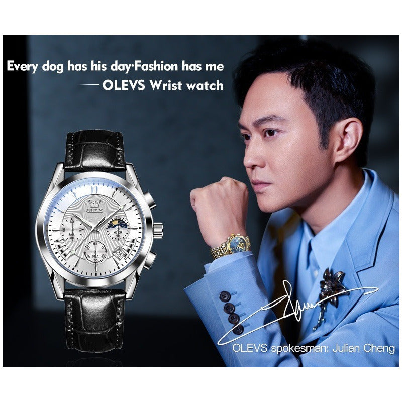 Reloj De Lujo Hombre Olevs Cuarzo Correa Cuero Mod. Reflex