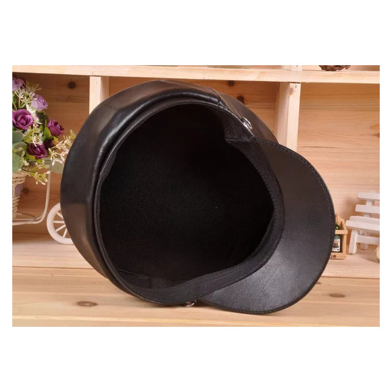 Gorra Mujer Jockey Cuero Genuino Piel De Oveja Mod. String Color Negro Talla 57-58 Cm (ajustable)