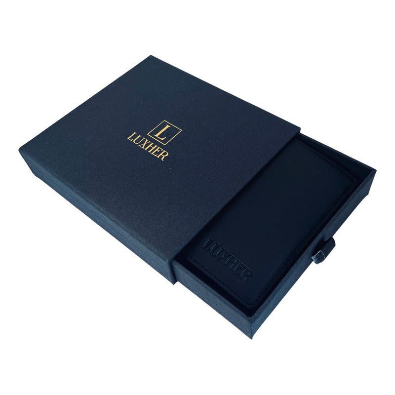 Billetera Cuero Genuino Lujo Protección Rfid Luxher Clásico Color Negro
