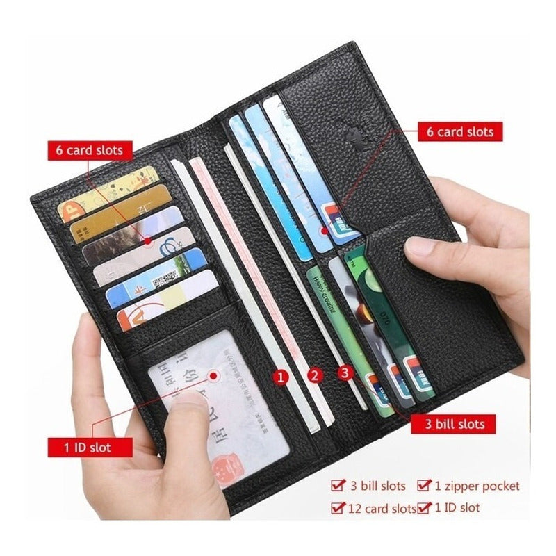 Chequera De Cuero Genuino Delgada Lujo Bison Denim