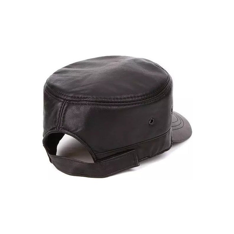 Gorra Jockey Cuero Genuino Piel De Oveja Mod. Side Color Negro Talla 56-61 (ajustable)