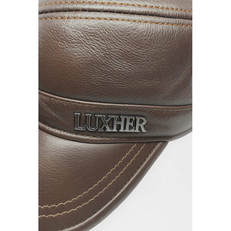 Gorra Jockey Cuero Genuino Lujo Luxher Militar Mod. Zúrich Color Marrón Talla 55-60 Cm Ajustable