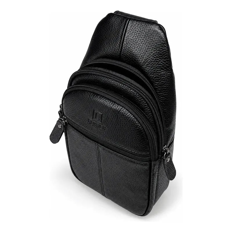 Bolso Bandolera Elegante Cuero Genuino Luxher Modelo Cenit Negro Lisa