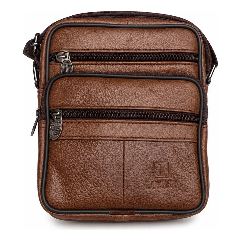 Bolso Bandolera Cuero Genuino Premium Luxher Modelo Vector Marrón Lisa