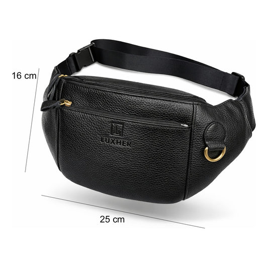 Banano Riñonera De Cuero Genuino Premium Luxher Mod. Roble Color Negro Diseño De La Tela Texturizado