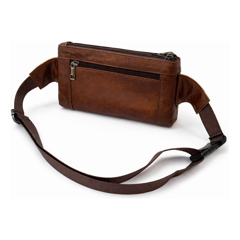 Banano Riñonera De Cuero Genuino Premium Luxher Mod Nogal Color Marrón Diseño De La Tela Liso