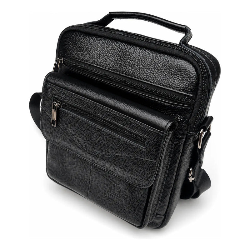 Bolso Bandolera Luxher Hombre Cuero Genuino Lujo Mod. Orión Negro Lisa