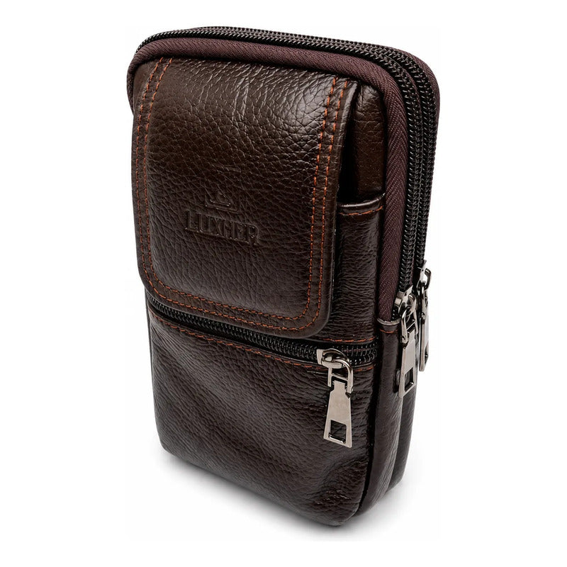 Bolso Riñonera Luxher Hombre Cuero Genuino Premium Mod Sirio Marrón Oscuro Lisa