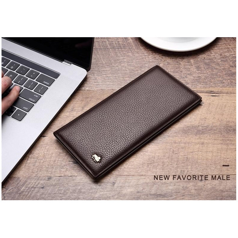 Chequera De Cuero Genuino Delgada Lujo Bison Denim