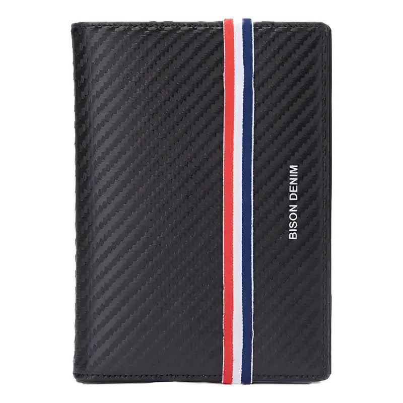 Porta Pasaporte Elegante Billetera Cuero Genuino Bison Denim Color Negro