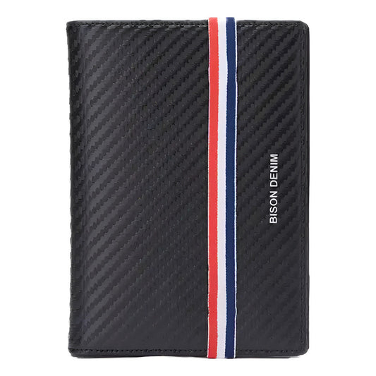 Porta Pasaporte Elegante Billetera Cuero Genuino Bison Denim Color Negro