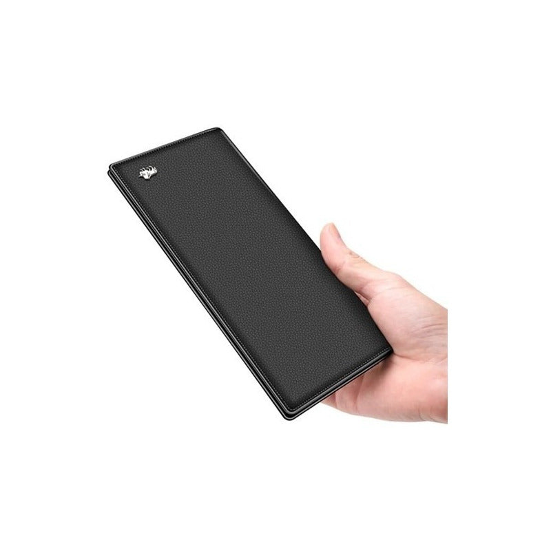 Chequera De Cuero Genuino Delgada Lujo Bison Denim