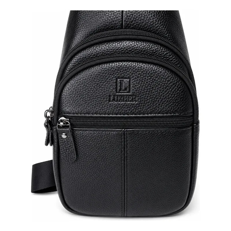 Bolso Bandolera Elegante Cuero Genuino Luxher Modelo Cenit Negro Lisa