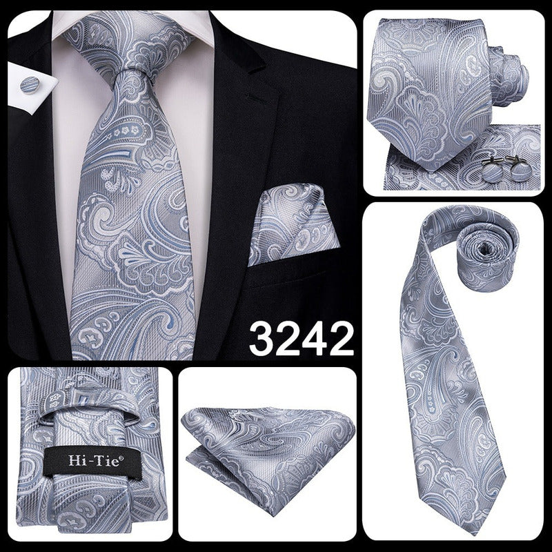 Set Corbata, Pañuelo Y Colleras Seda Lujo Hi-tie Mod. Flores