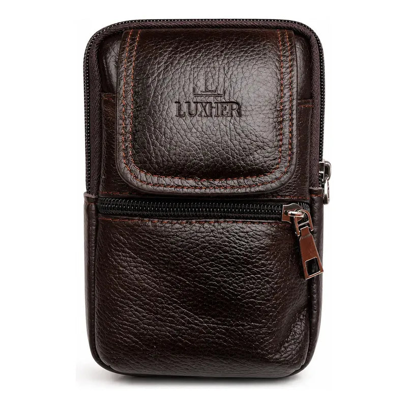 Bolso Riñonera Luxher Hombre Cuero Genuino Premium Mod Sirio Marrón Oscuro Lisa