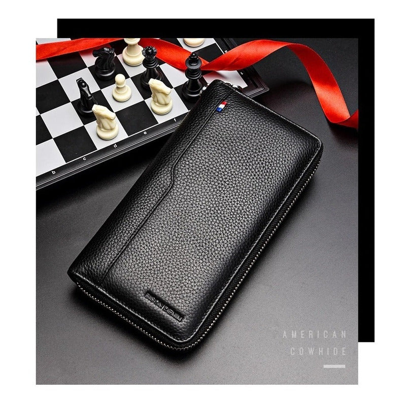 Chequera Gruesa Cuero Genuino Lujo Bison Denim Mod. Acordeon