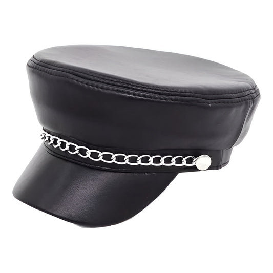 Gorra Mujer Jockey Cuero Genuino Piel De Oveja Mod. String Color Negro Talla 59-60 Cm (ajustable)