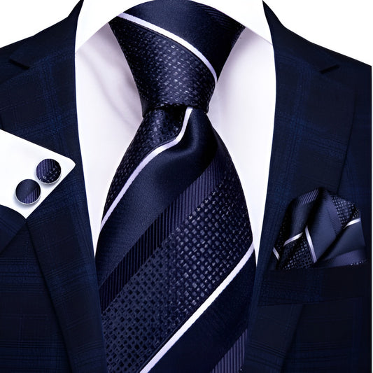 Set Corbata, Pañuelo Y Colleras Seda Lujo Hi-tie Mod. Líneas