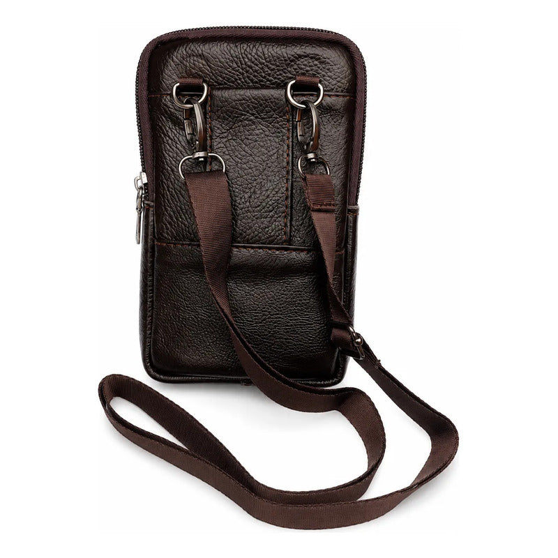 Bolso Riñonera Luxher Hombre Cuero Genuino Premium Mod Sirio Marrón Oscuro Lisa