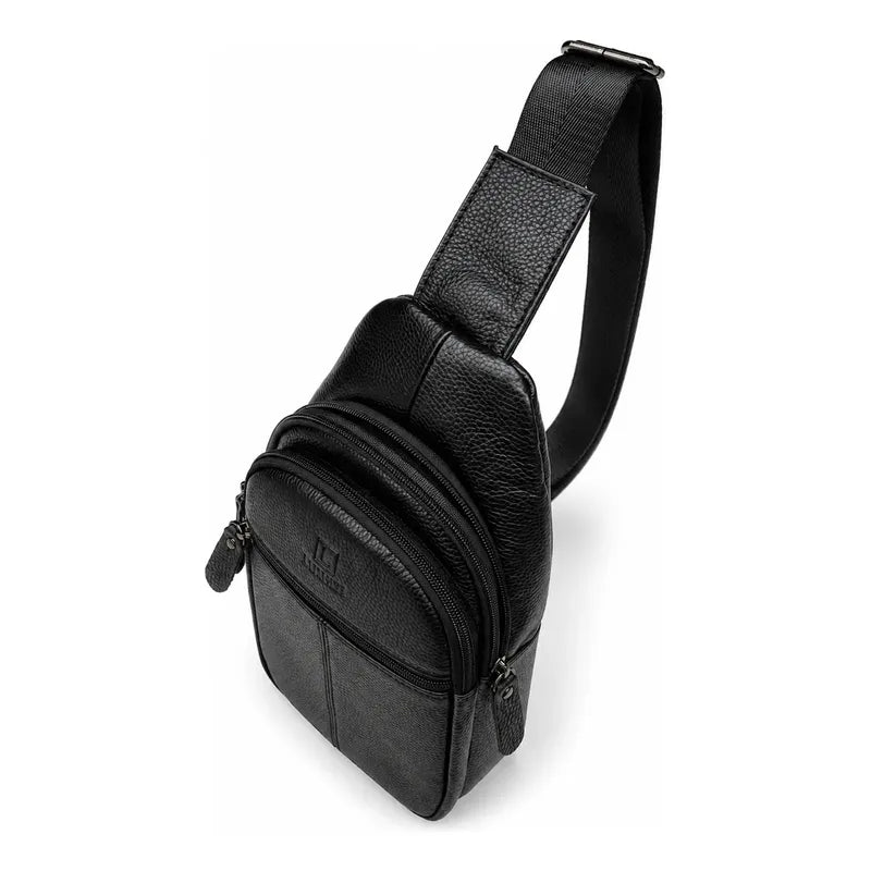Bolso Bandolera Elegante Cuero Genuino Luxher Modelo Cenit Negro Lisa
