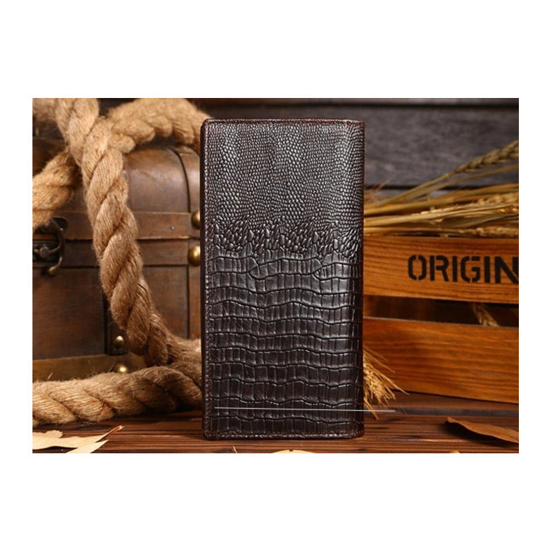 Chequera Delgada Texturizada De Cuero Genuino Mod. Kroc Color Marrón Oscuro