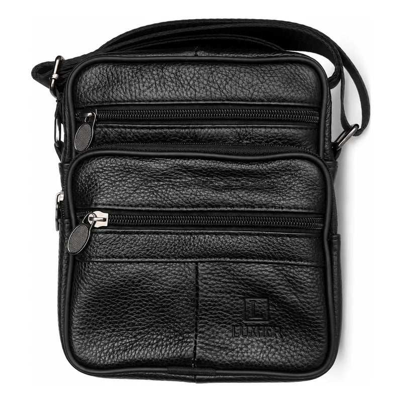 Bolso Bandolera Cuero Genuino Premium Luxher Modelo Vector Negro Lisa